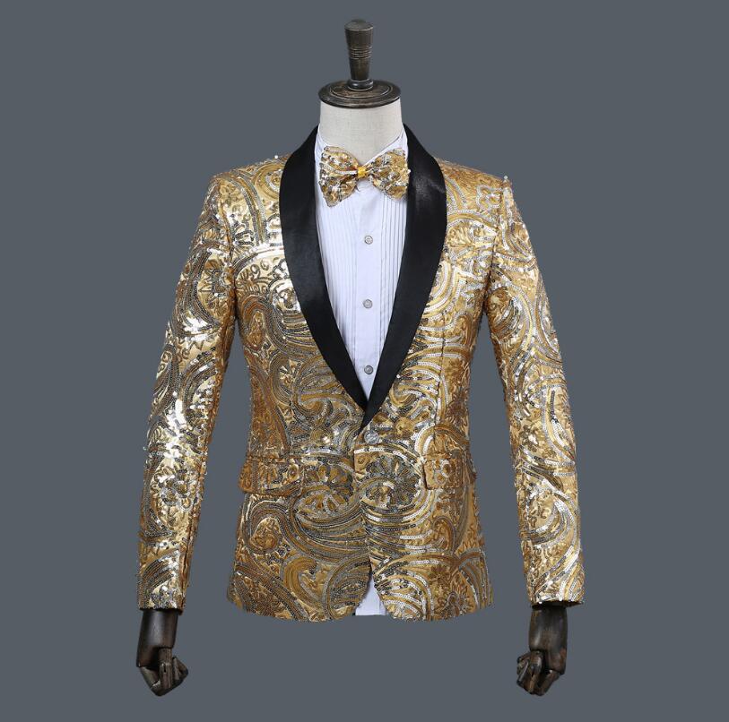 

Hot Men Korean Fancy sequins suit fruit collar jackets male Singer Stage Performance Suits Jacket Annual DJ Blazer With Bow Tie, Pink