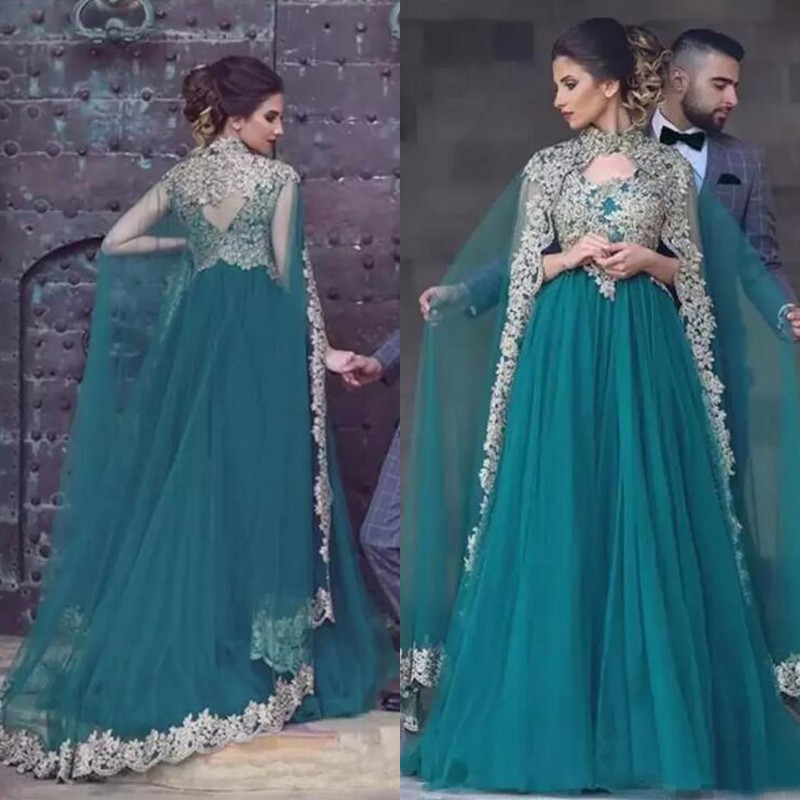 

Gorgeous 2018 Teal Tulle Arabic Dresses Evening Wear With Pretty Lace Appliques High Collar Wraps Formal Gowns Custom Made EN10078, Dark navy