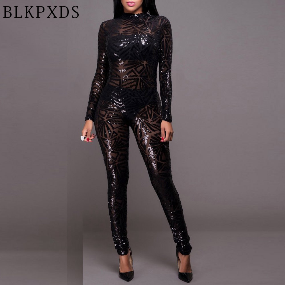 

Wholesale- New Summer Style Black Turtleneck Long Sleeve Sequin Sequined Women Jumpsuit Bodysuit Sexy Jumpsuits for women Clubwear Rompers