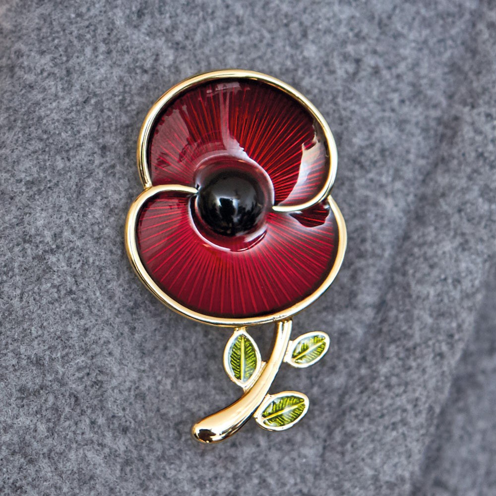

1.8 Inch Red Poppy Collection Enamel and Leaf Brooch Poppy Badge Pins Both Silver and Gold Available