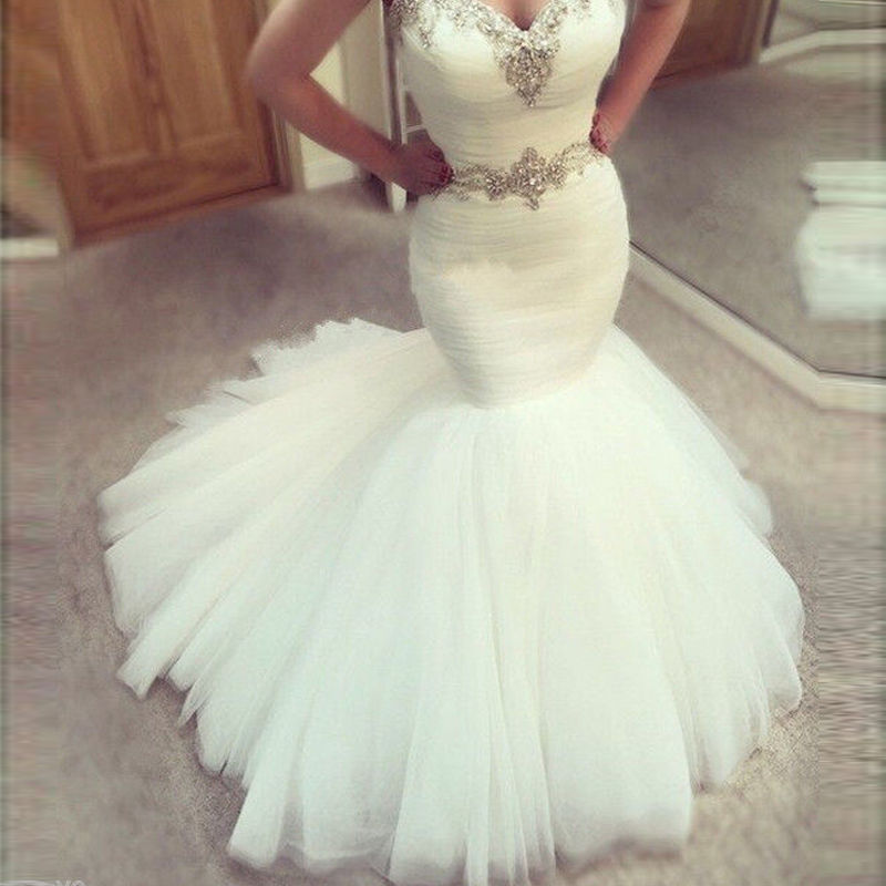 2020 nouveau sexy longue sirène robes de mariée sans manches chérie Pays Perles Tulle cristal taille modeste gaine satin Taille Plus robe de mari