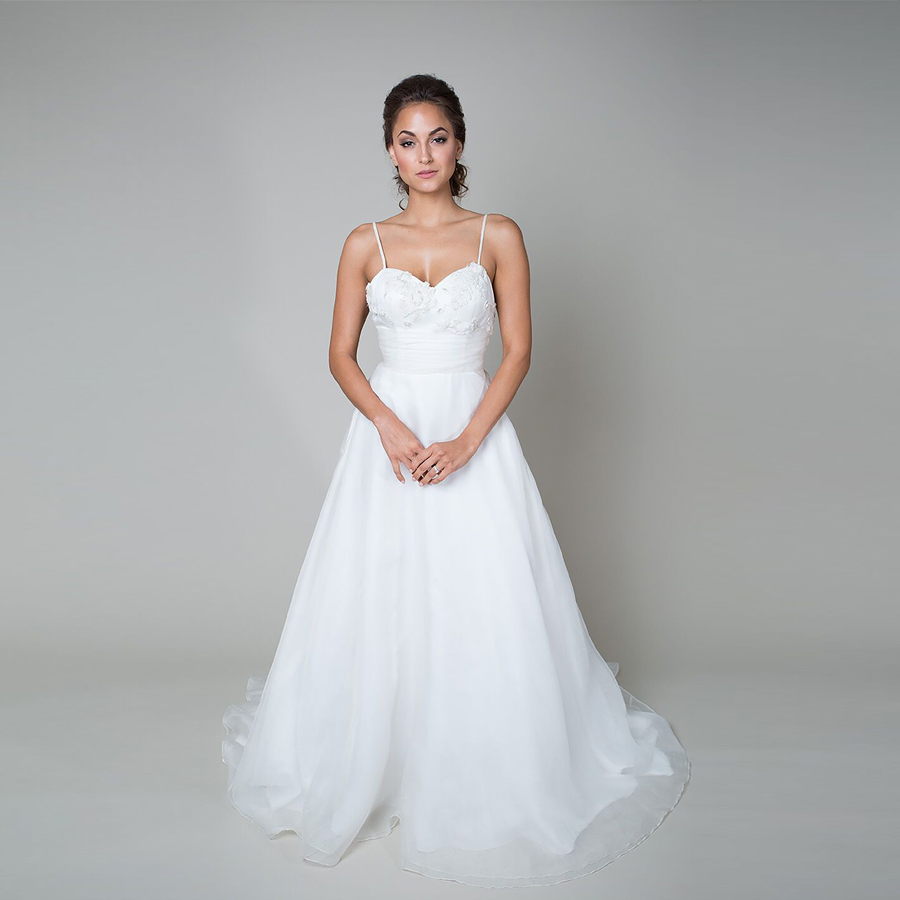 

Dainty Straps And An Ultra Low Back Hand-Made Organza And Beaded Flowers a-Line Wedding Gowns Bridal Dress, Gold