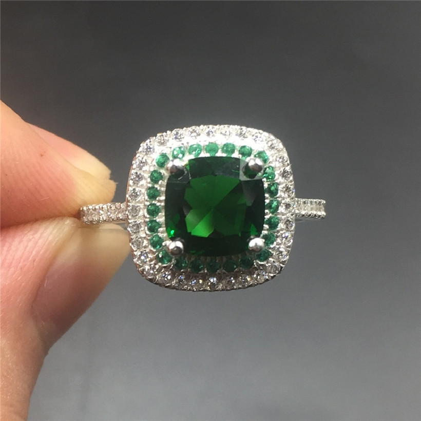 Fine Jewlery Brand 100% silod Sterling silver ring Luxury Princess-cut 4ct Emerald gemstone ring Engagement wedding bried ring for women