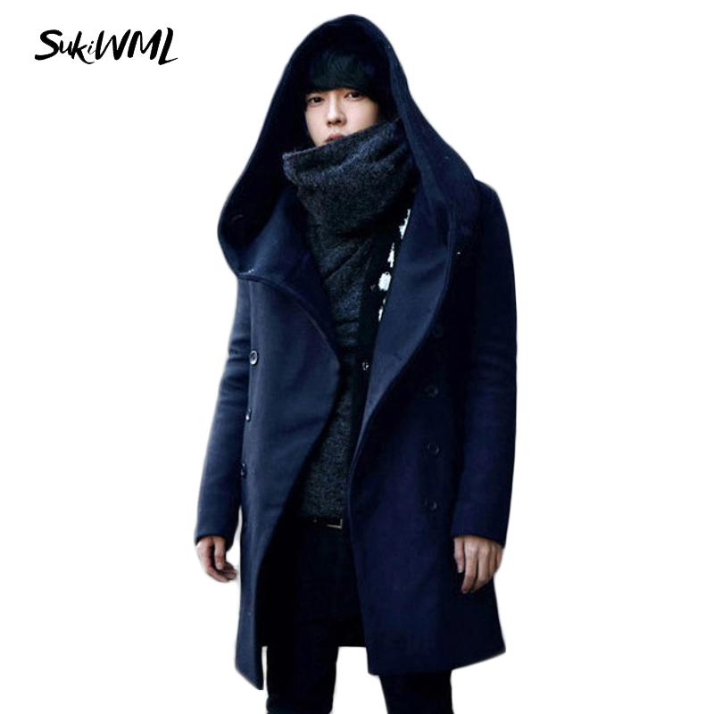 Wholesale- SUKIWML 2017 Winter Trench Coat Men Double Breasted Cheap Mens Trench Coat Hoody Mens Long Trench Coat Plus Asian Size M-3XL