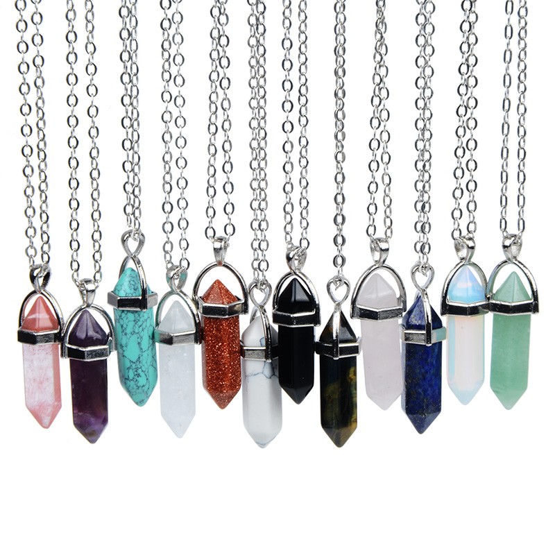 Chaînes en acier inoxydable colonne hexagonale cristal pierre naturelle colliers ras du cou pendentif collier pour femmes hommes bijoux de mode