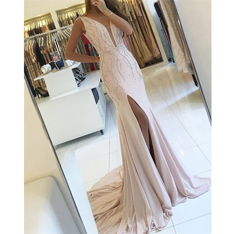 

Hot Selling Pink Deep V Neck Sleeveless Beaded Pearls Evening Gowns Backless Sweep Train Mermaid Prom Dresses, Black