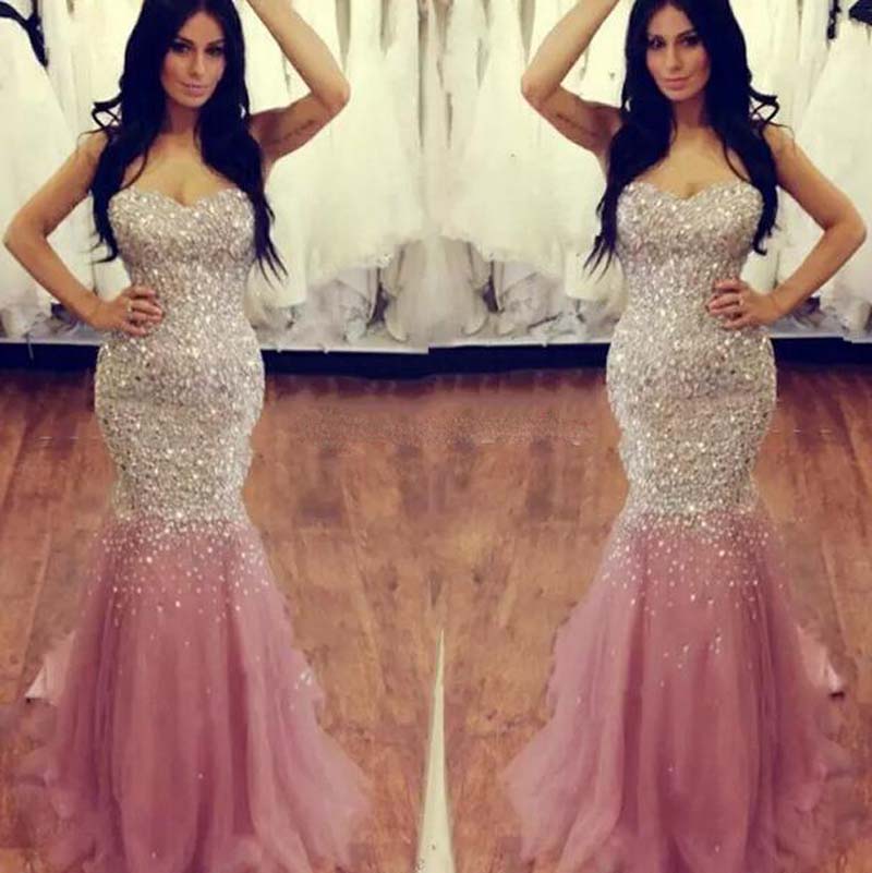 2017 Sweetheart Crystal Beaded Sequin Evening Dresses Luxury Mermaid Tulle Satin Floor Length Plus Size Skin Pink Prom Dresses Pageant Gown