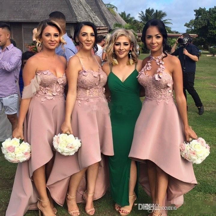 

2017 Mixed Style Bridesmaid Dresses Hi Lo Length For Weddings Dusky Pink Satin Illusion Lace Appliques Flowers Plus Size Maid Honor Gowns