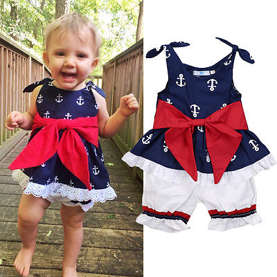 

Wholesale- Fashion Toddler Newborn Baby Girl Anchor Tops Blue Vest+White Shorts Pants 2pcs Outfits Set Clothes 0-24M