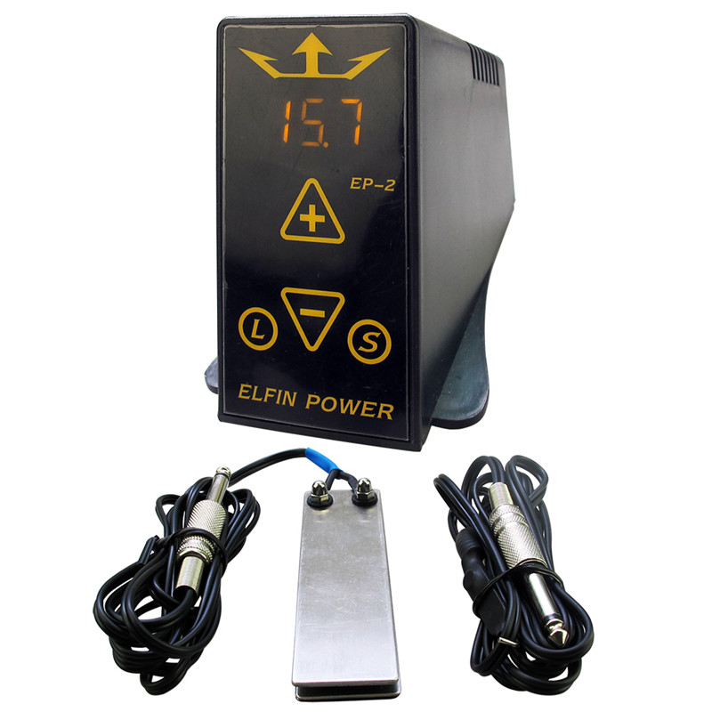 

Wholesale-Professioanl Tattoo Power Supply Set Kit ELFIN EP-2 Tattoo Power Supply LCD Digital Foot Pedal Switch Clip Cord Tattoo Kit
