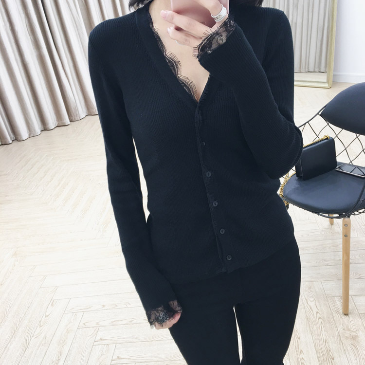 

Wholesale- 2017 spring brand women' fashion lace knitted cardigan sweaters, Black