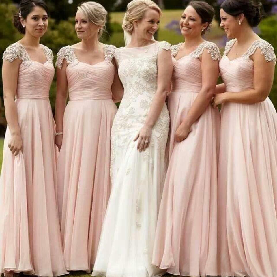 

2017 Chiffon Bridesmaid Dresses Long Sexy Scoop Neck Bling Beaded Cap Sleeve Blush Pink Plus Size Lace Maid Of Honor Gown EN7147