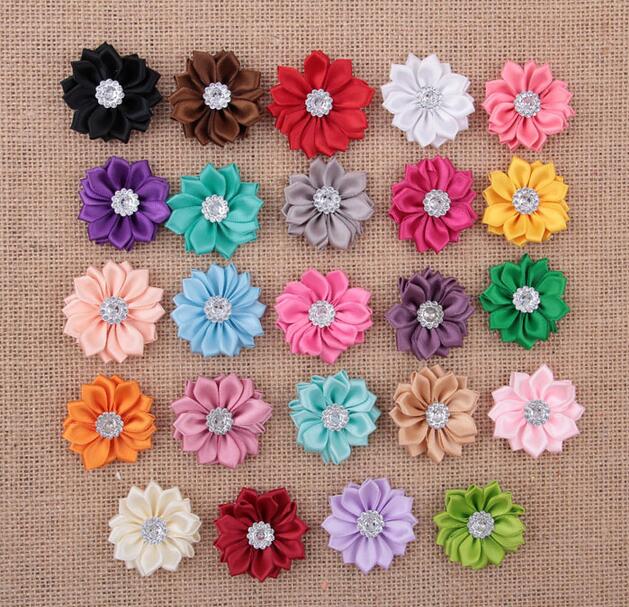 

3.5cm Mini Satin Fabric Flower for Headbands DIY Ribbon Polygonal Flowers Rhinestone In Center Baby Girl Hair Accessory YH400, Colors