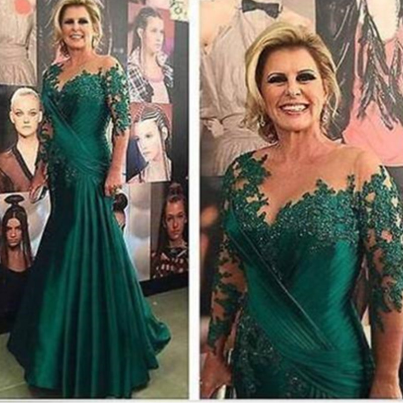 2019 nouvelle voir à travers plissé dentelle mère de la robe de mariée sirène chasseur vert Vintage tapis rouge Applique vente chaude formelle ro