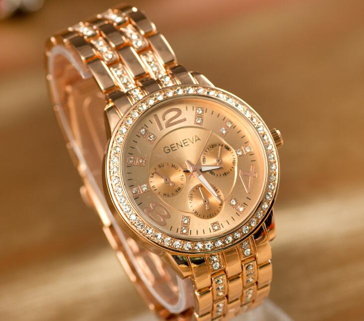 

Geneva Stainless Steel Metal Quartz wrist watches for Men Women Unisex luxury Geneva Crystal Watches Gold watches, Multi-color