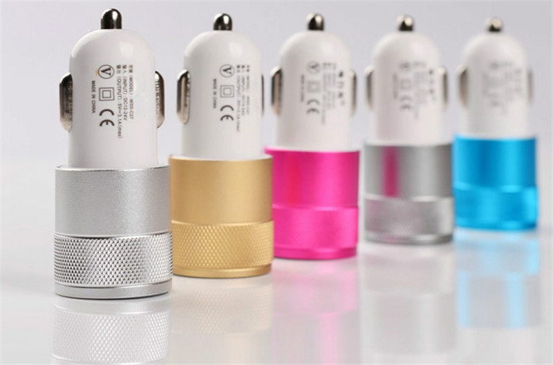 

Newest Metal Alloy Shell Universal 2.1A Dual USB 2 Port Car Charger Auto Charging adapter For Apple iphone5 6 Samsung Blackberry item 100pcs
