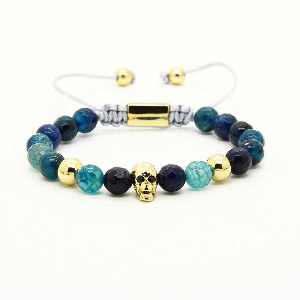 

New Design Wholesale 10pcs/lot 8mm Faceted Blue Dragon Veins Agate Stone With Black Cz Skull Macrame Bracelets For Men, Golden;silver