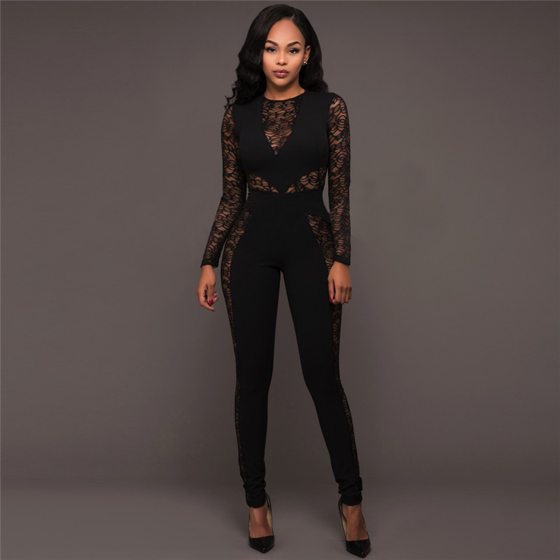 

Wholesale- Sexy Lace Hollow Out Women High Waist Jumpsuit 2017 Autumn Full Sleeve Solid Women Bodycon Overalls Romper Club Wear Playsuits, Black