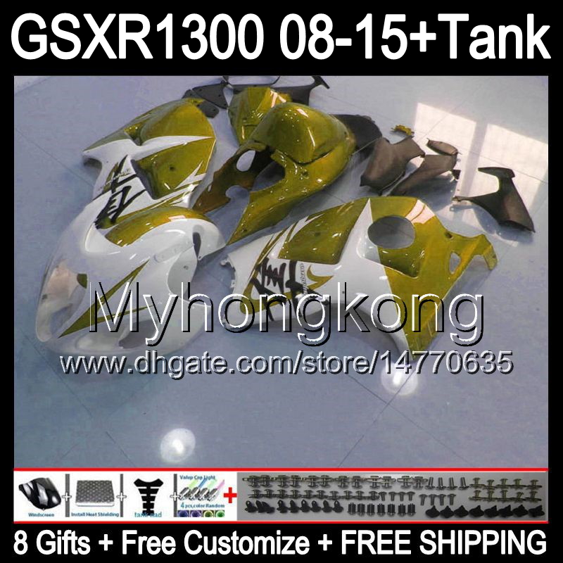 

8gifts For SUZUKI Hayabusa GSXR1300 08 15 GSXR-1300 gloss golden 14MY48 GSXR 1300 GSX R1300 08 09 10 11 12 13 14 15 white golden Fairing Kit