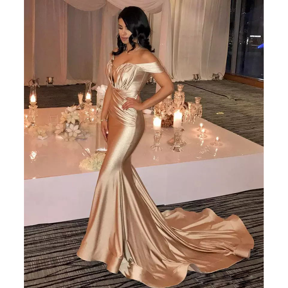 

Charming Golden Mermaid Evening Dresses Off Shoulder Ruffles Ruched Sweep Train Prom Dresses Evening Gowns Sexy Celebrity Red Carpet Dress, Chocolate