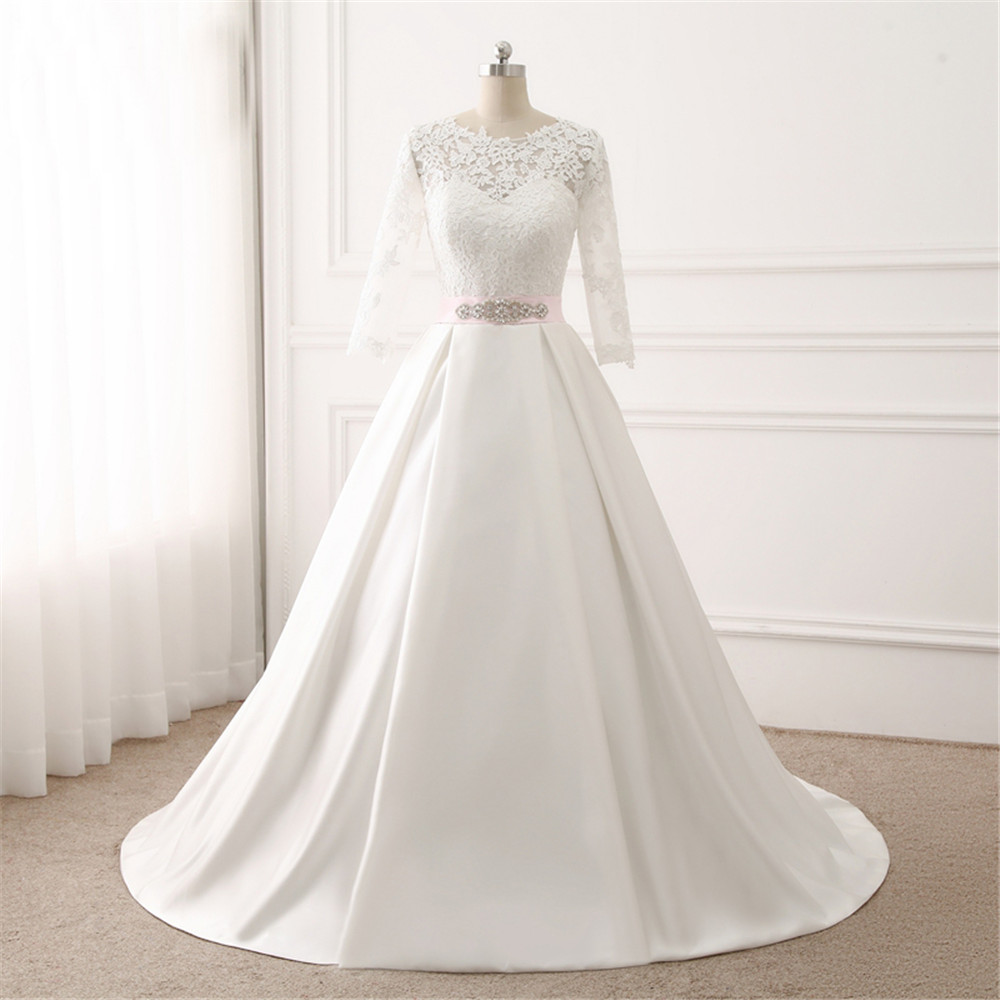 

Ball Gown Long Sleeve Sashes Wedding Dresses Appliques Lace Scoop Sexy Puffy Backless Bridal Gowns Vestido De Noiva, White