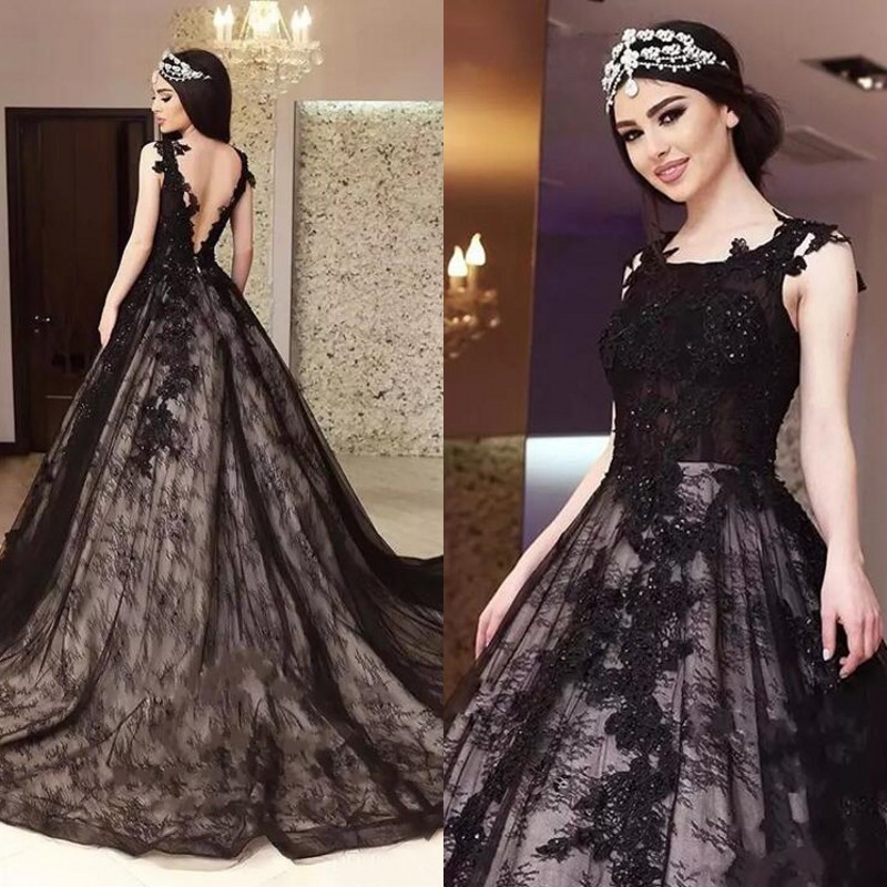 

Latest 2017 Vintage Black Lace Wedding Dresses Elegant Beaded Lace Appliqued Backless Long Bridal Gowns Gothic Custom Made EN10915