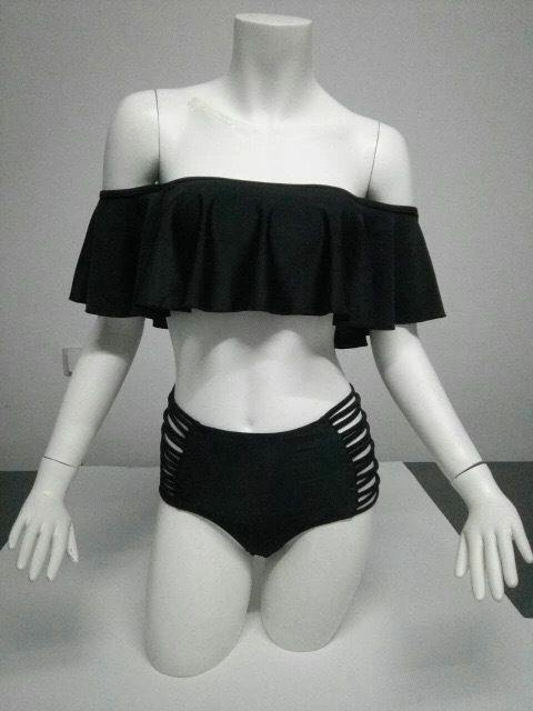 2017 Soild Sexy Falbala Bandeau Bikini Swimwear Swimsuit Women High Waist Bikini Set Bathing Suits-image-396682368