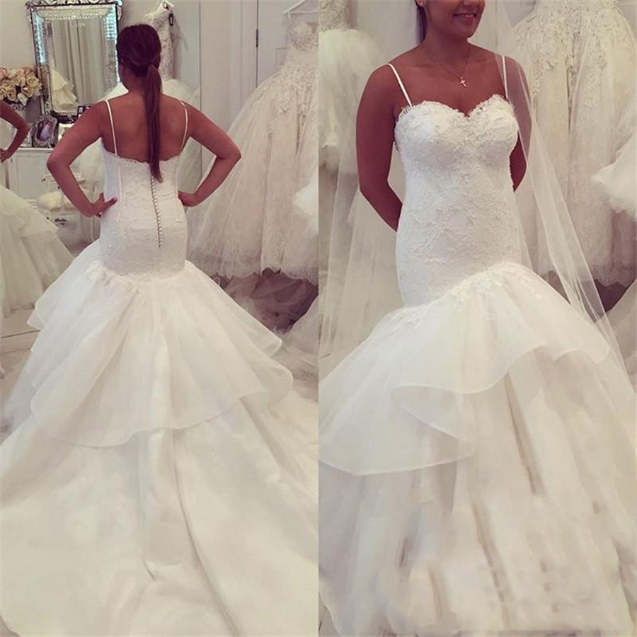 

Simple Mermaid Wedding Dresses Spaghetti Lace Chiffon Tiered Bridal Gowns Back Covered Buttons Beach Wedding Dress Vestidos, Silver