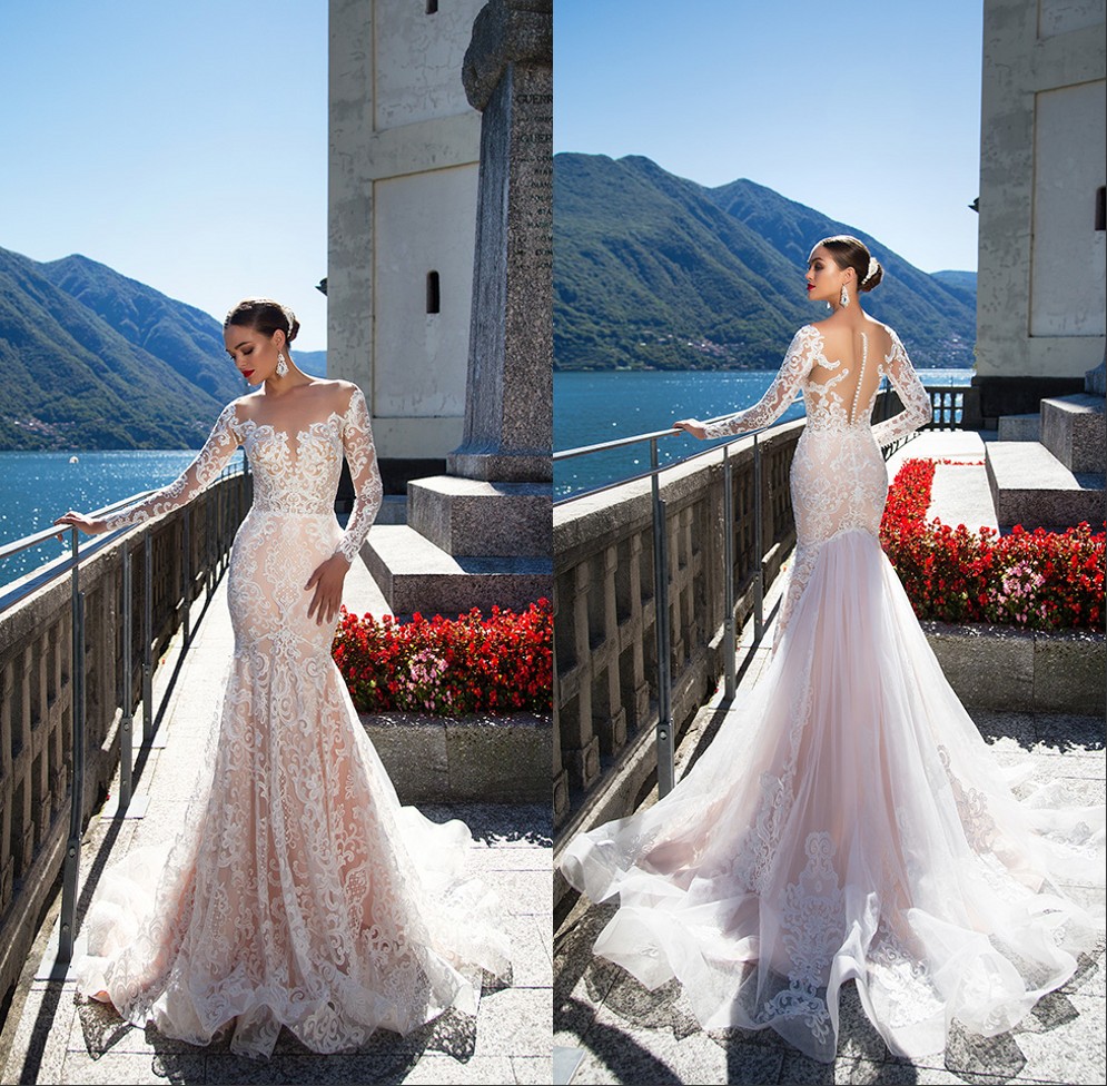 

Milla Nova Vintage Mermaid Wedding Dresses Sheer Long Sleeve Lace Applique Button Back Illusion Bridal Dress Vestido De Novia, Silver