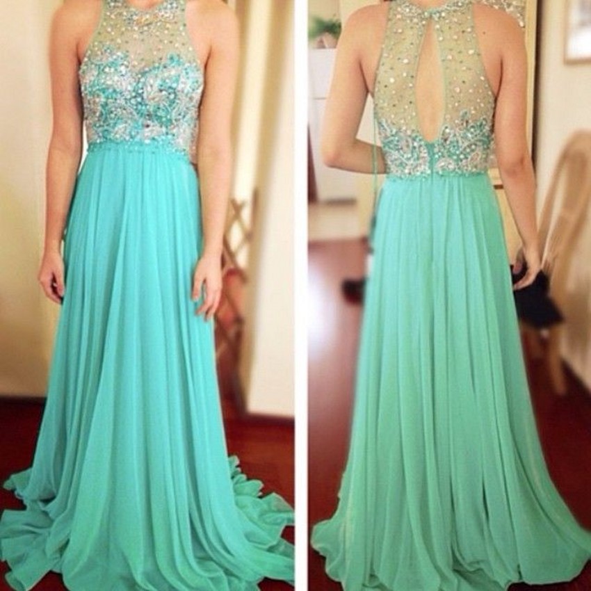 

Stunning A Line Prom Dresses With Crystals Beaded Illusion Back Chiffon 2016 Sweep Train Formal Evening Party Dress Gown, Light yellow