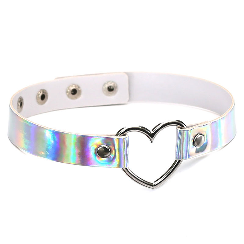 

chockers Harauku PU Leather choker necklace women Holographic Heart Metal Laser Collares Chocker jewelry will and sandy, Golden;silver