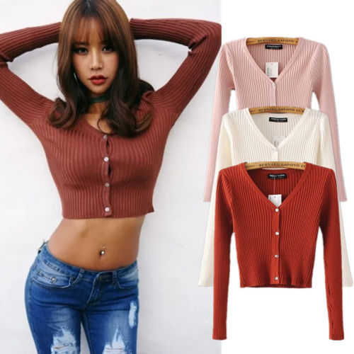 Automne Nouvelle Mode Féminine Vente Chaude À Manches Longues Sexy Pull En Tricot Bare-midriff Kitted Crop-Top Cardigan En Tricot Court 4 Couleur