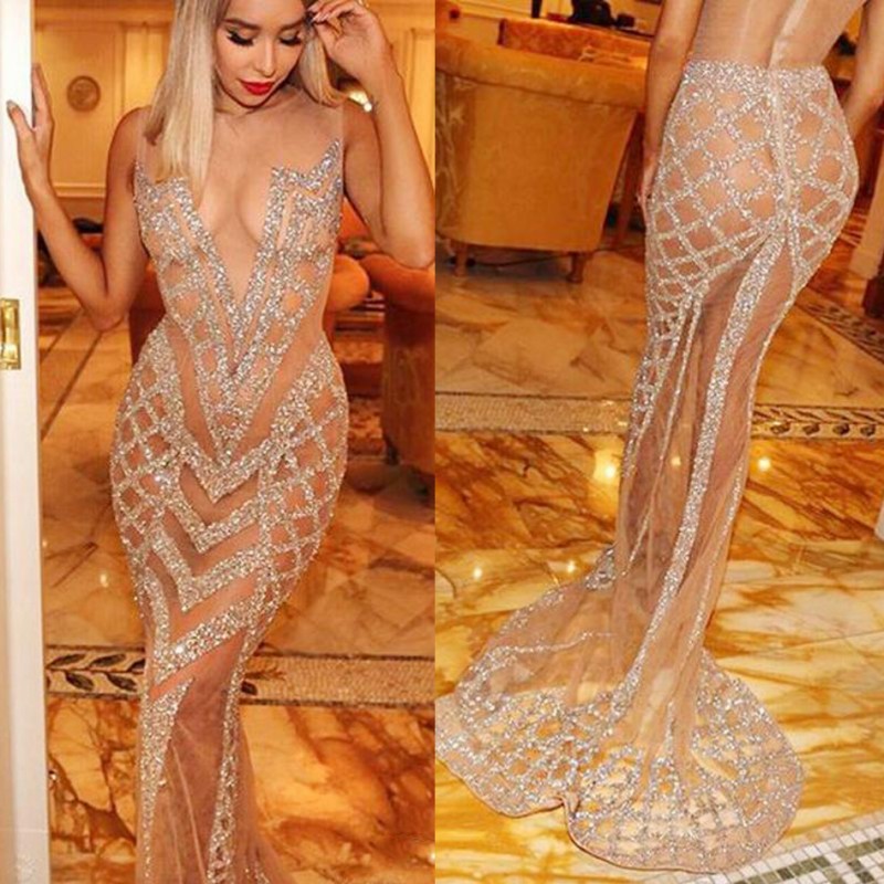 

Hot Sexy See Through Evening Dresses Crystals Beaded Mermaid Prom Dresses Illusion Sleeveless Sweep Train Cocktail Formal Party Dress, Daffodil