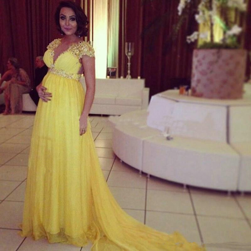 Yellow Pregnant Evening Dresses Maternity Cap Sleeve V Neck Beaded Appliques Chiffon Empire Prom Party Dresses Custom Size