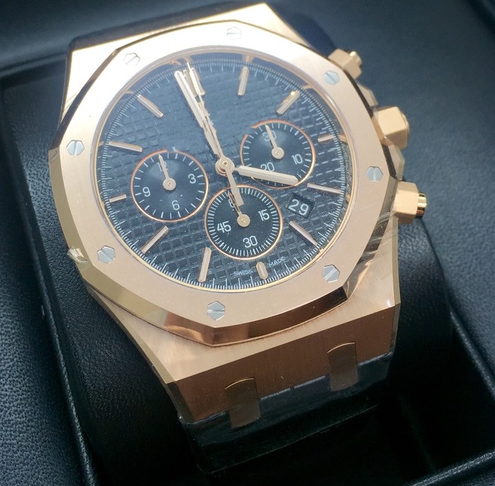 Nouveau 18K Rose Rose 41mm Chronographe Quartz Montre Montres Black Caoutchouc Hommes