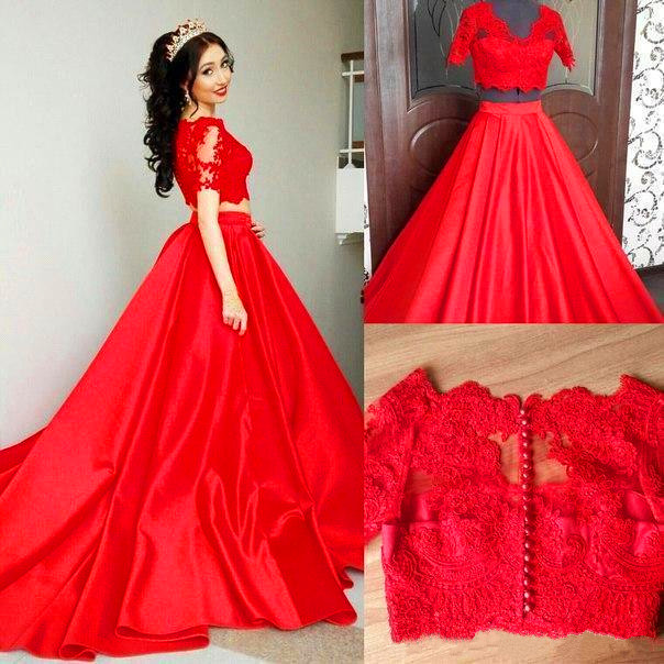 Red Two-piece 15 Girl Prom Party Gowns 2017 Quinceanera Dresses Sweet Train Satin Skirt Vestido De Soiree Formal Evening Gowns BA5148