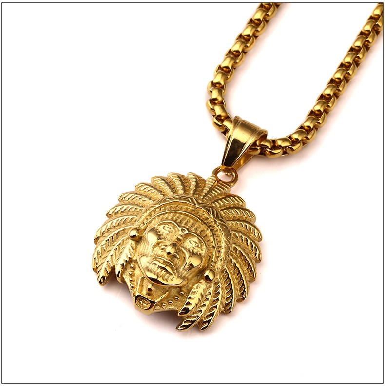 

Stainless Steel Gold Plated American Indian Chief Head Pendant Necklace Gothic Indians Head Hip Hop Jewelry For Men/Women