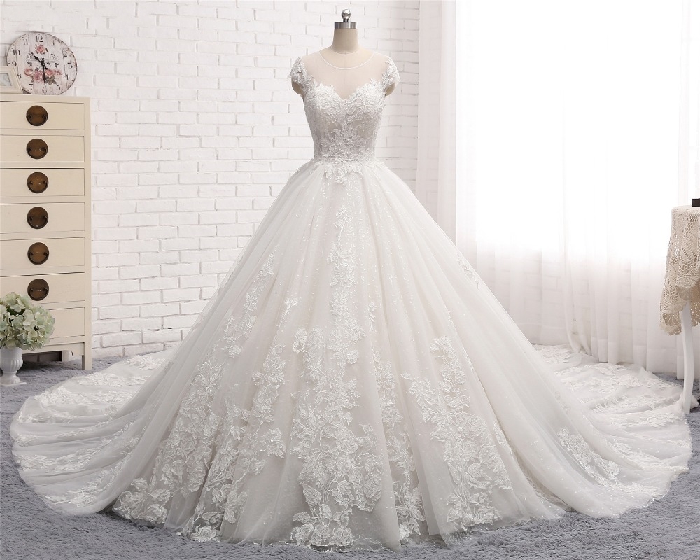 

Vintage Vestido De Noiva Long Wedding Dress Scoop Cap Sleeve Ball Gown Chapel Train Beaded Lace Tulle Bride Dresses casamento, White