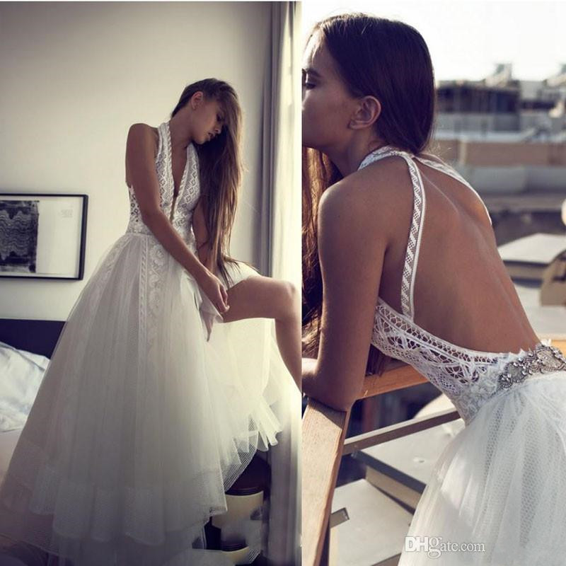 

Romantic Wedding Dresses Sexy Backless Halter Hippie Style Bridal Gowns 2019 Chic Plus Size Lace Boho Beach A-Line Wedding Dress, Ivory