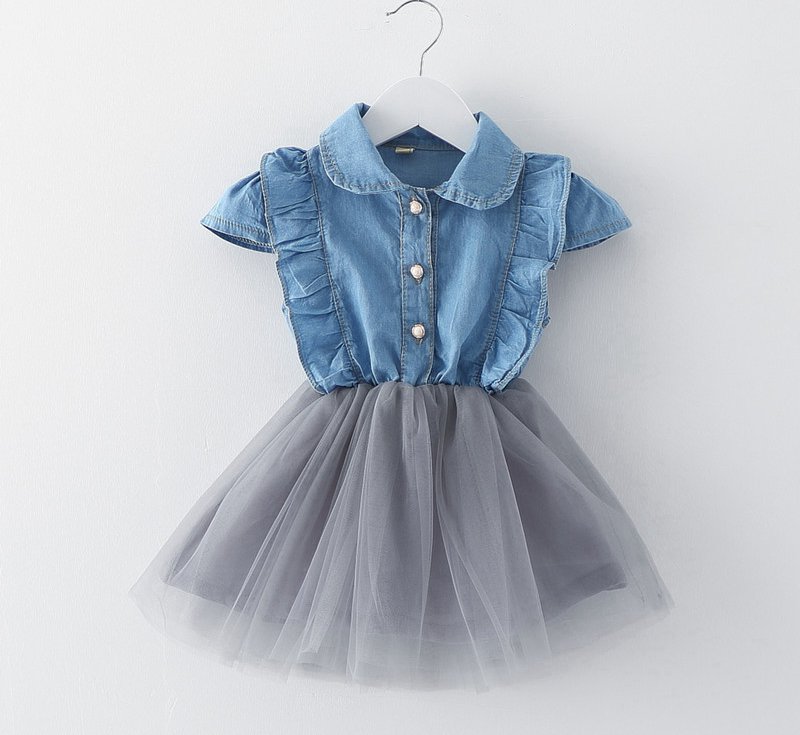New Girls Denim Blue Dress Baby Girls Summer Cowboy Stitching Lace Net Yarn Dresses Children Korean Style Princess Dress Cute Girl Clothing-image-404779943