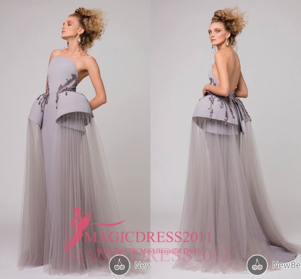

Azzi & Osta Haute Couture 2019 Grey Evening Dresses Ball Gown Strapless Ruffled Rhinestones Long Formal Party Evening Gowns, Royal blue