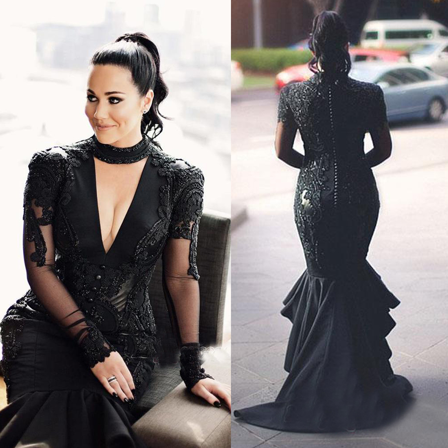 

Deep-V-Neck Mermaid Long-Sleeves Lace Appliques Puffy Hi-lo Black Prom Dresses Sexy Black Evening Dress vestidos de fiesta cortos, Pink