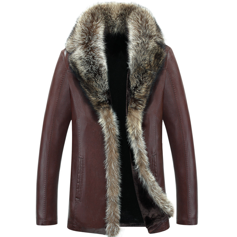 Wholesale- 2017 Men's Leather Jacket Faux Lambswool Leather Jacket Men Thick Raccoon Fur Collar Jaqueta Couro Masculino Plus Size 5XL