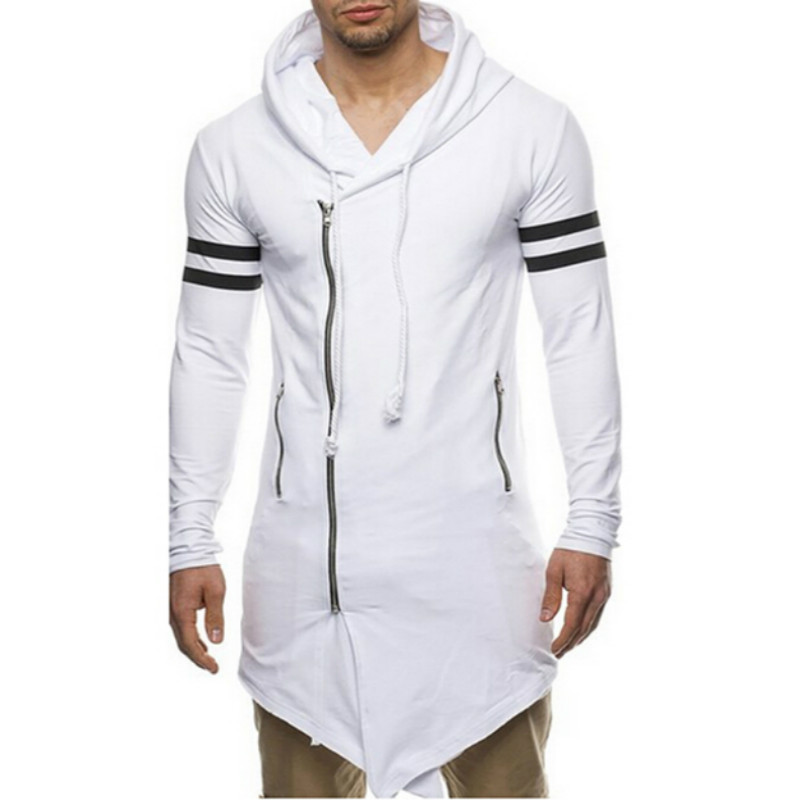 

Asian Size Fashion Men's Long Black Asymmetry Zipper Hooded T shirt Men's With Side Zip Longline Hip Hop Streetwear Shirt
