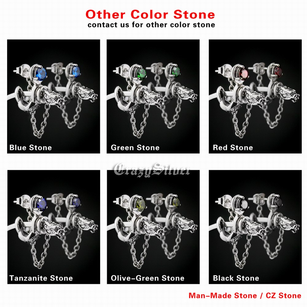 

LINSION 925 Sterling Silver Dragon Japanese katana CZ Stone Mens Biker Stud Earring 8M109