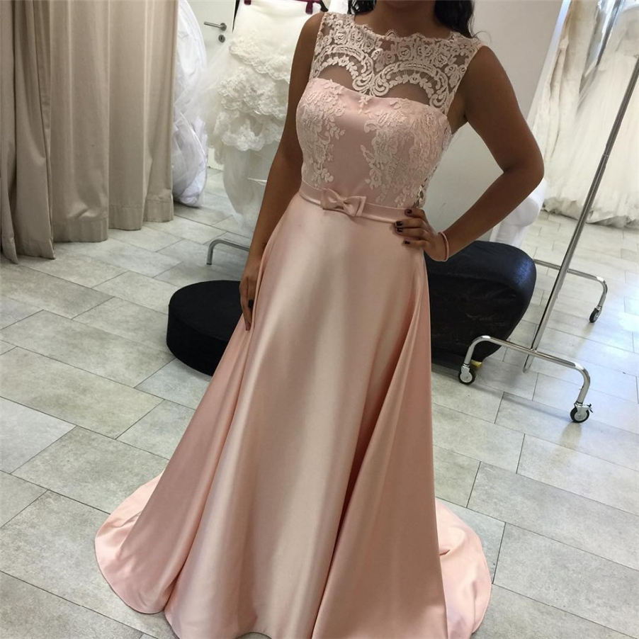 

Bateau Neckline Lace Long A-Line Sleeveless Elegant Evening Dress Nude Satin Floor Length Prom Dress vestidos largos fiesta 2019, Red