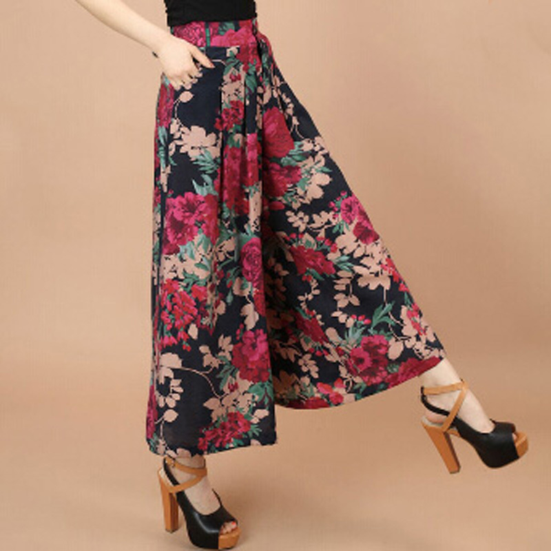 

Summer Wide Leg Pants Women Print Flower Trousers Broeken Woman Linen Female Capris Pattern Hight Waist Pant, 04
