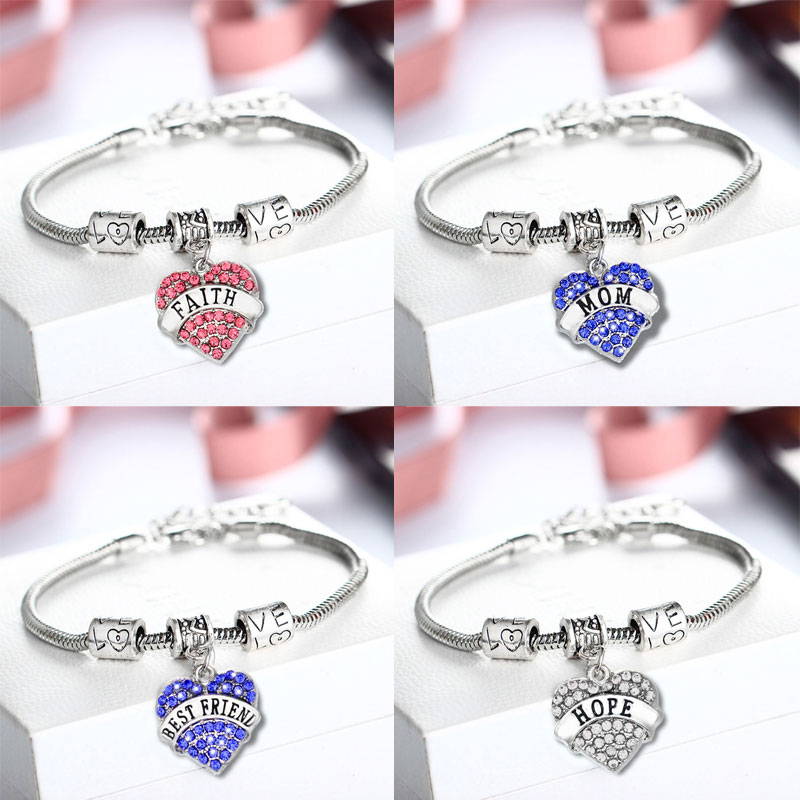

New Crystal Letter family member Jewelry best friend/hope/Faith/daughter bracelets Sweet love Heart Charm Bracelet & Bangle For Women