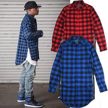 Wholesale- Red Blue Scottish Plaid Long Sleeve Flannel shirt Men/ Dance Bboy Shirt Golden Side Zipper/ Oversize Plaid Lengthen Shirt Man