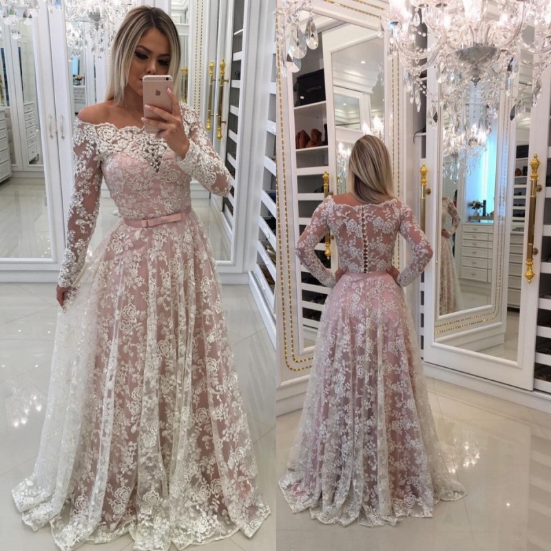 

Yousef Aljasmi Women Formal Dresses Pink Off The Shoulder Lace Applique Evening Gown Sweep Train Long Sleeve Prom Dress Party Wear, Silver